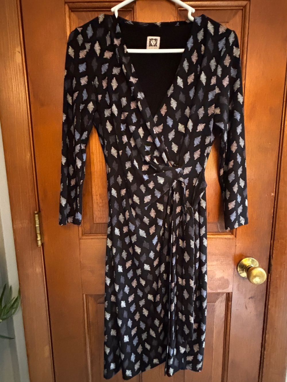 Anne Klein Black Wrap Dress with Blue & Cream Print